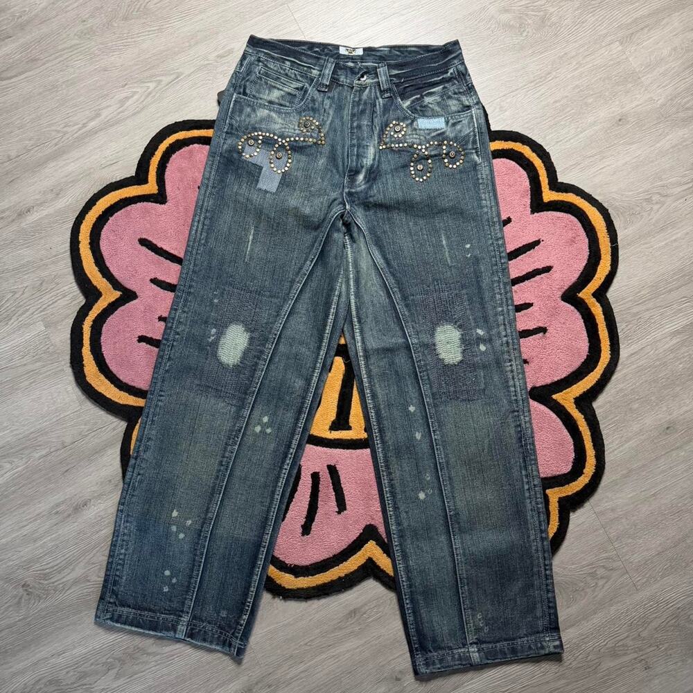 Vintage Antik Denim Repaired Studded Baggy Loose Fit Denim Jeans 32x32 Blue NWT